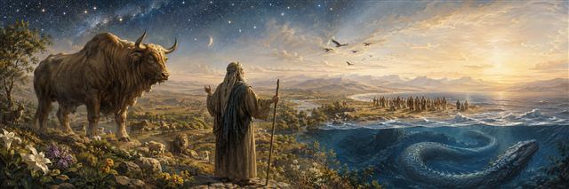 Ezra contemplates creation with a great land creature and Leviathan separated as his oppressed people wait